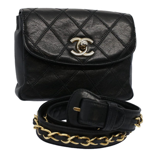 CHANEL Bicolole Chain Waist bag Lamb Skin Black CC Auth ar10853B - Picture 1 of 16